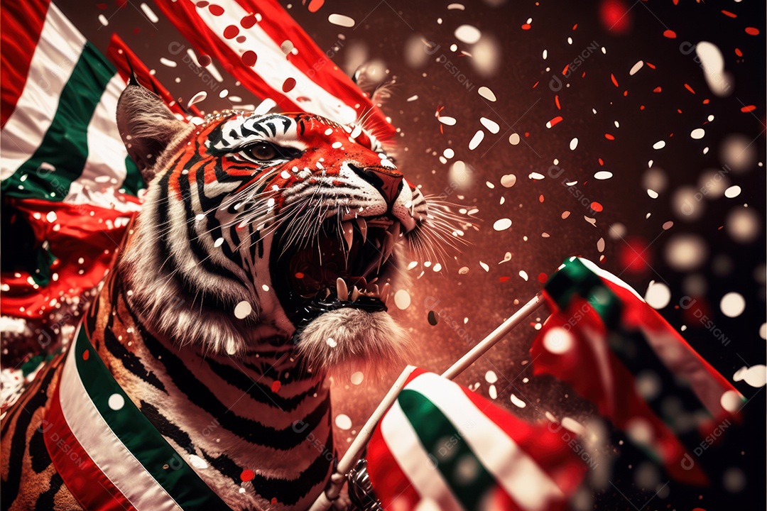 Bandeira, símbolo, mascote, adereços e enfeites do Carnaval brasileiro com as cores das Escolas de Samba. vermelho e branco