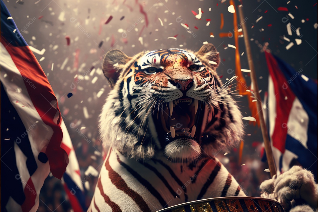 Bandeira, símbolo, mascote, adereços e enfeites do Carnaval brasileiro com as cores das Escolas de Samba. vermelho e branco