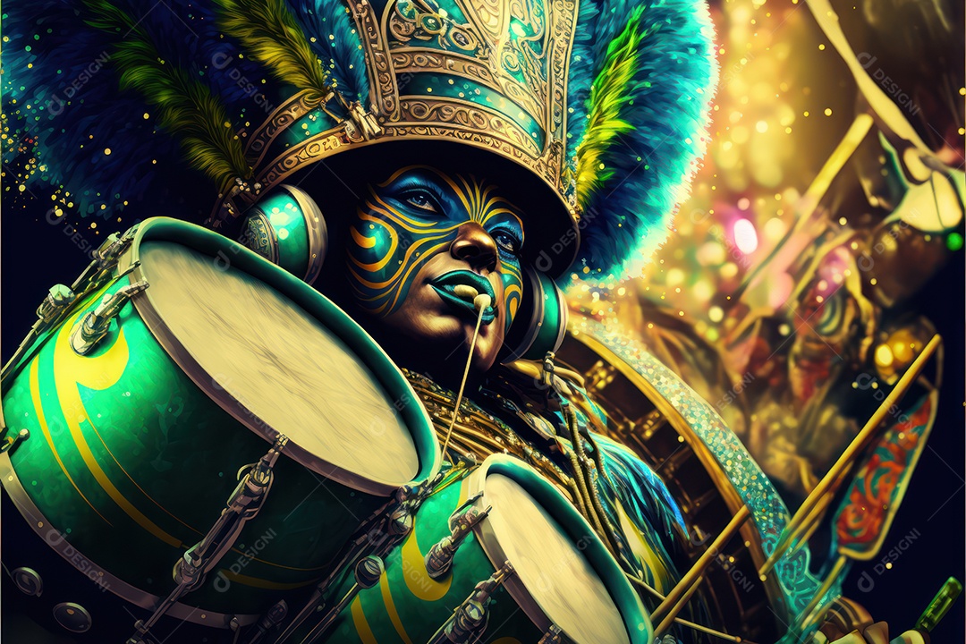 Passistas, dançarinos com máscara e fantasia de carnaval brasileiro e músicos de bateria de samba vestidos com roupas coloridas