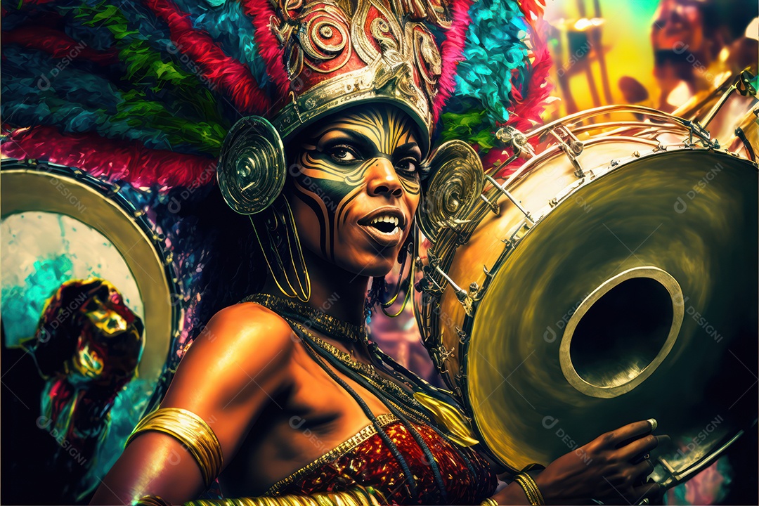 Passistas, dançarinos com máscara e fantasia de carnaval brasileiro e músicos de bateria de samba vestidos com roupas coloridas