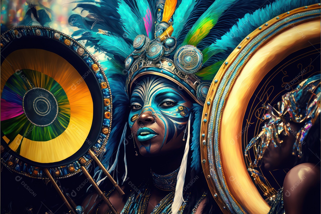 Passistas, dançarinos com máscara e fantasia de carnaval brasileiro e músicos de bateria de samba vestidos com roupas coloridas