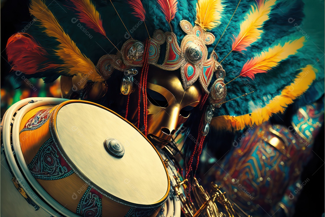 Passistas, dançarinos com máscara e fantasia de carnaval brasileiro e músicos de bateria de samba vestidos com roupas coloridas