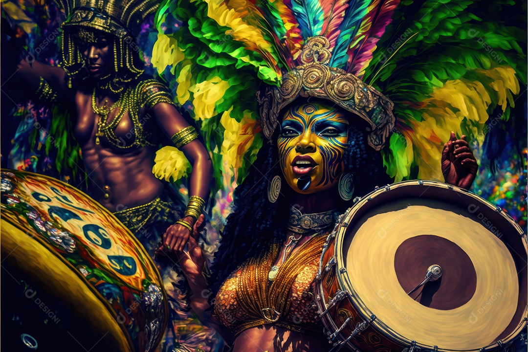 Passistas, dançarinos com máscara e fantasia de carnaval brasileiro e músicos de bateria de samba vestidos com roupas coloridas