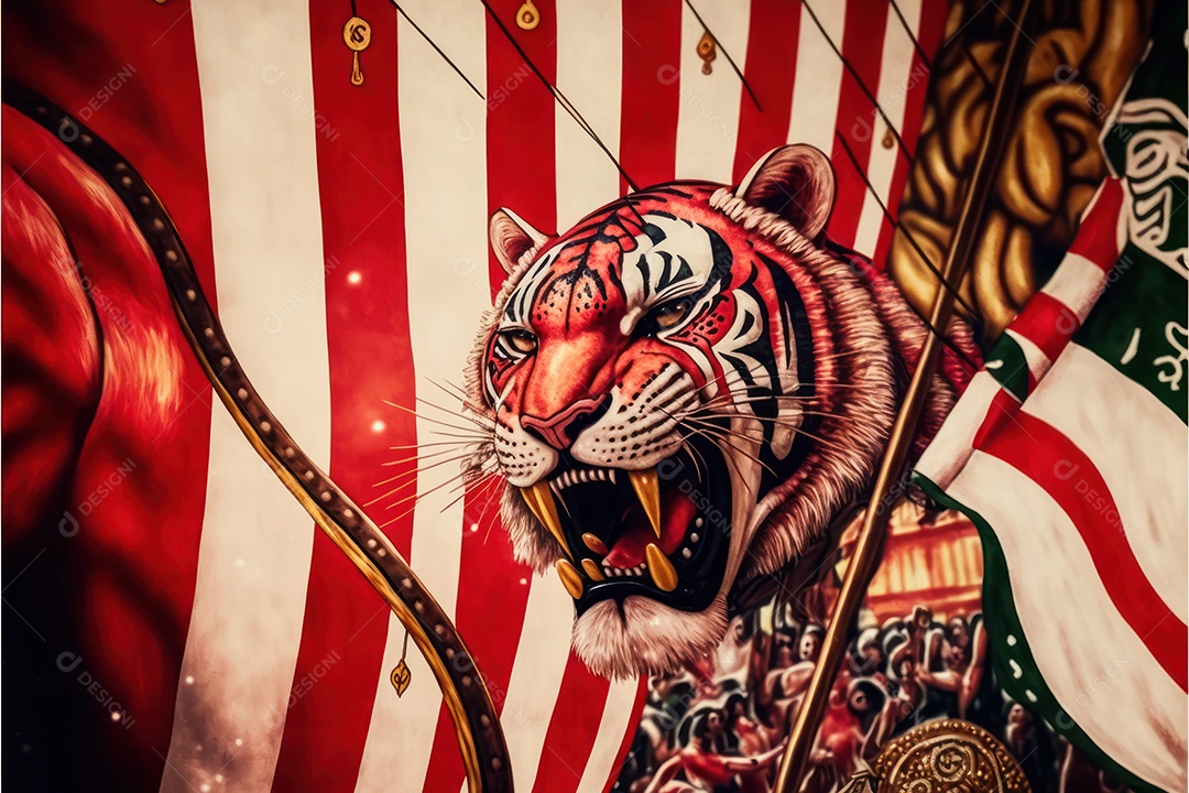 Bandeira, símbolo, mascote, adereços e enfeites do Carnaval brasileiro com as cores das Escolas de Samba. vermelho e branco