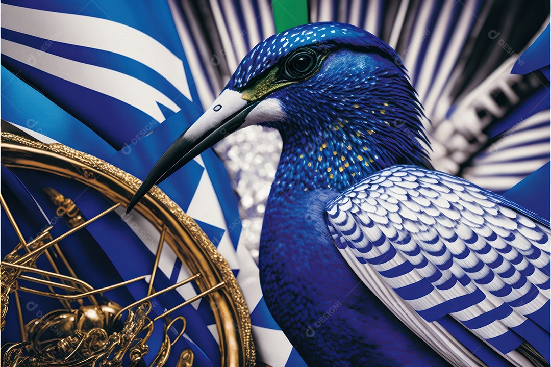 Bandeira, símbolo, mascote, adereço e enfeites do Carnaval Brasileiro com as cores das Escolas de Samba. Azul e branco