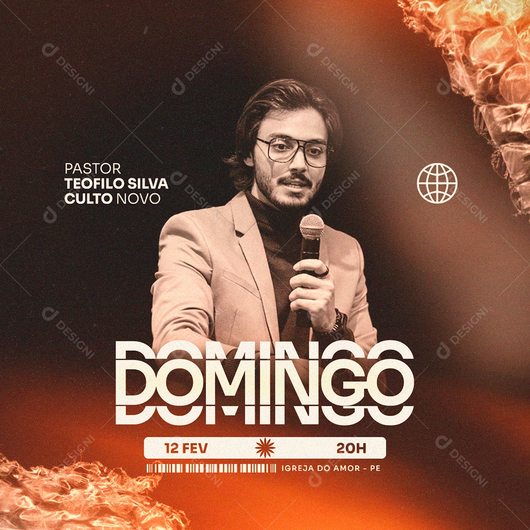 Domingo Pastor Teofilo Silva Culto Novo Gospel Flyer Social Media PSD Editável