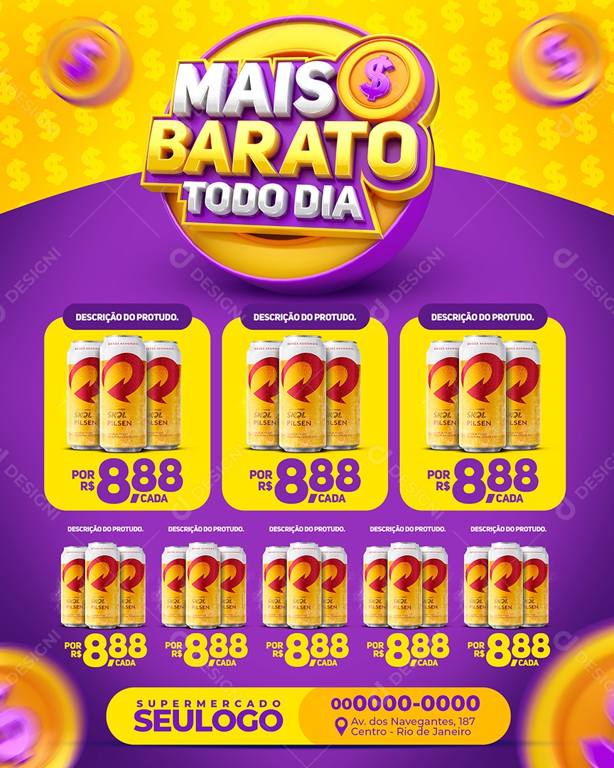 Encarte de Supermercado Mais Barato Todo Dia Cerveja Skol 8,88 Social Media PSD Editável