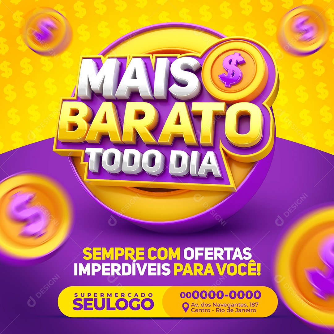 Mais Barato Todo Dia Sempre com Ofertas Imperdíveis para Você Supermercado Social Media PSD Editável