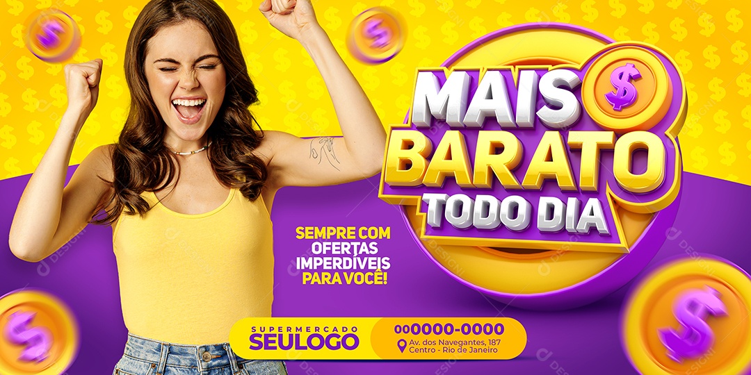 Banner Mais Barato Todo Dia Sempre com Ofertas Imperdíveis para Você Supermercado Social Media PSD Editável