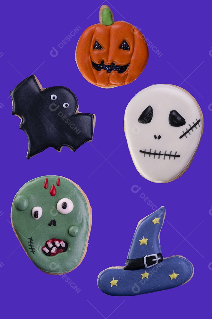 Biscoitos variados de halloween em fundo azul