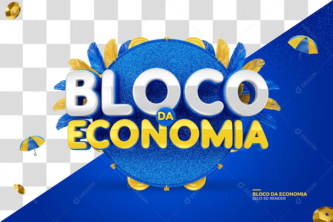 Bloco da Economia Selo 3D de Carnaval Azul para Composição PSD
