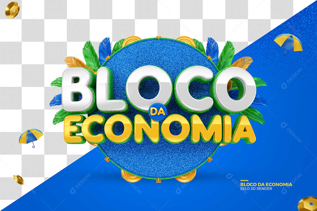 Bloco da Economia Selo 3D de Carnaval Verde e Azul para Composição PSD