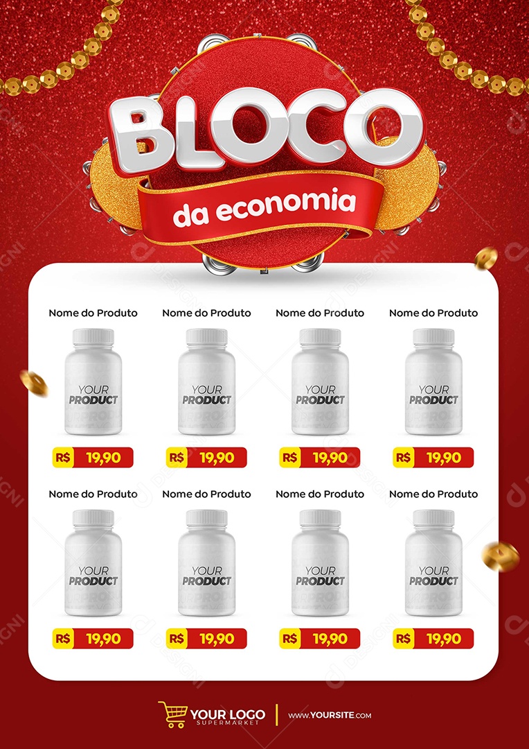 Encarte Bloco da Economia Produtos Supermercado Carnaval Social Media PSD Editável