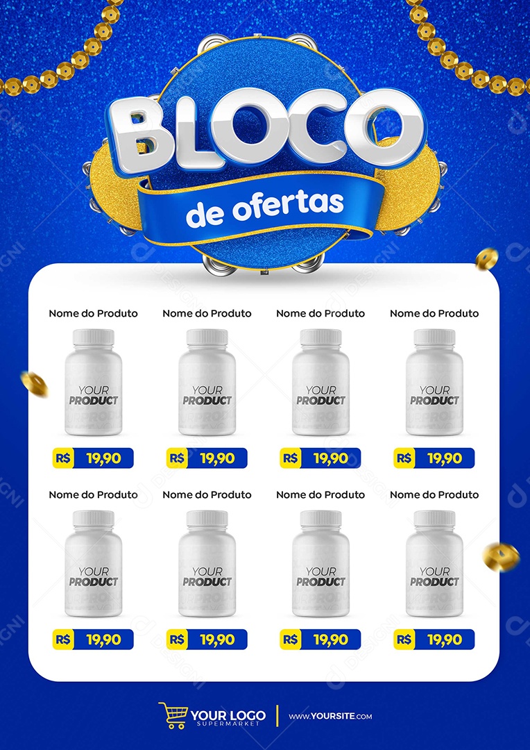 Encarte Bloco de Ofertas Produtos Supermercado Carnaval Social Media PSD Editável