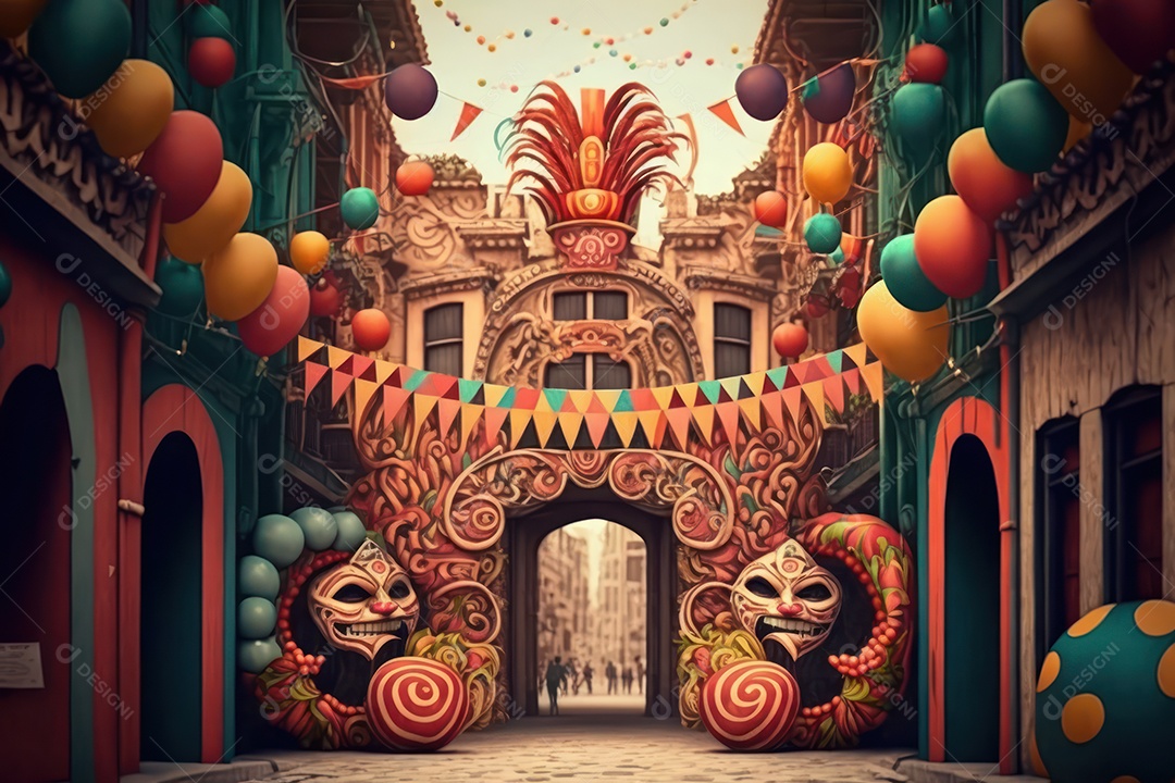 Ruas decoradas para festa de carnaval brasileiro, festa junina, festa de parintins e comemorações