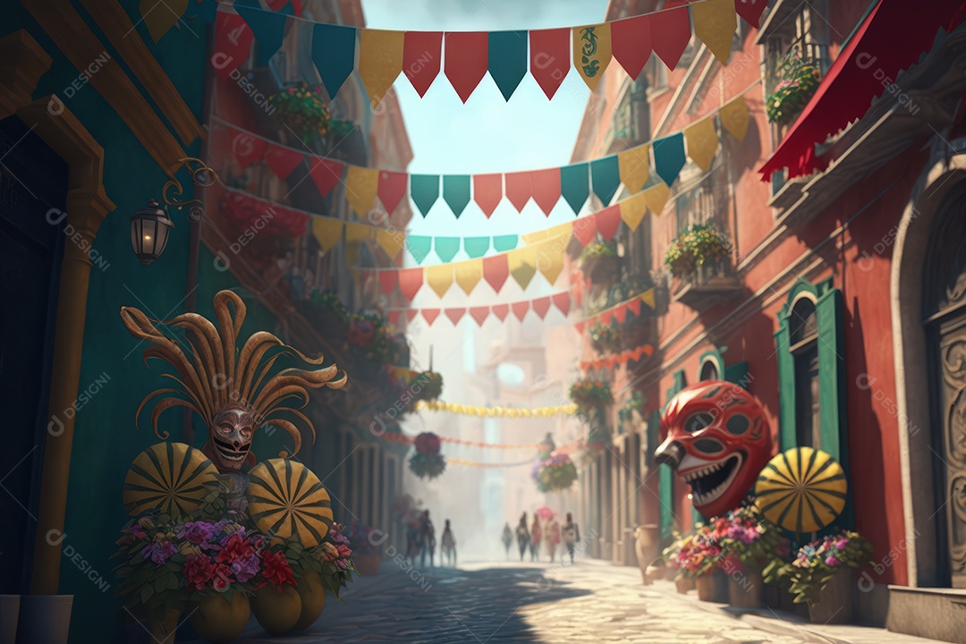 Ruas decoradas para festa de carnaval brasileiro, festa junina, festa de parintins e comemorações