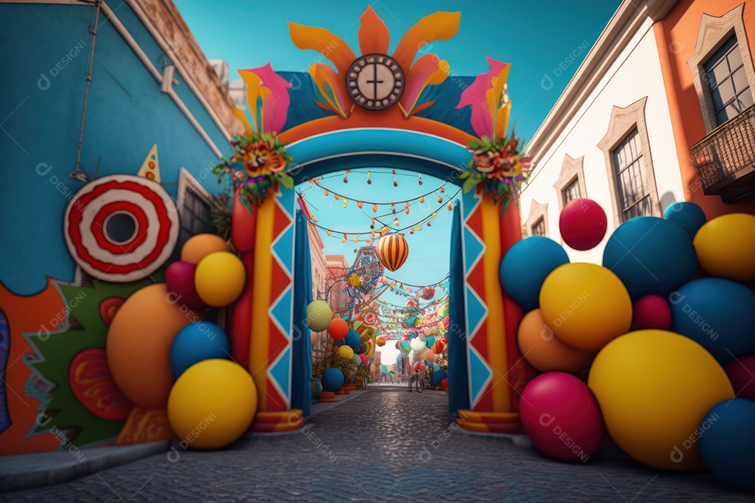 Ruas decoradas para festa de carnaval brasileiro, festa junina, festa de parintins e comemorações