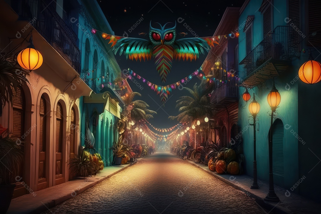 Ruas decoradas para festa de carnaval brasileiro, festa junina, festa de parintins e comemorações