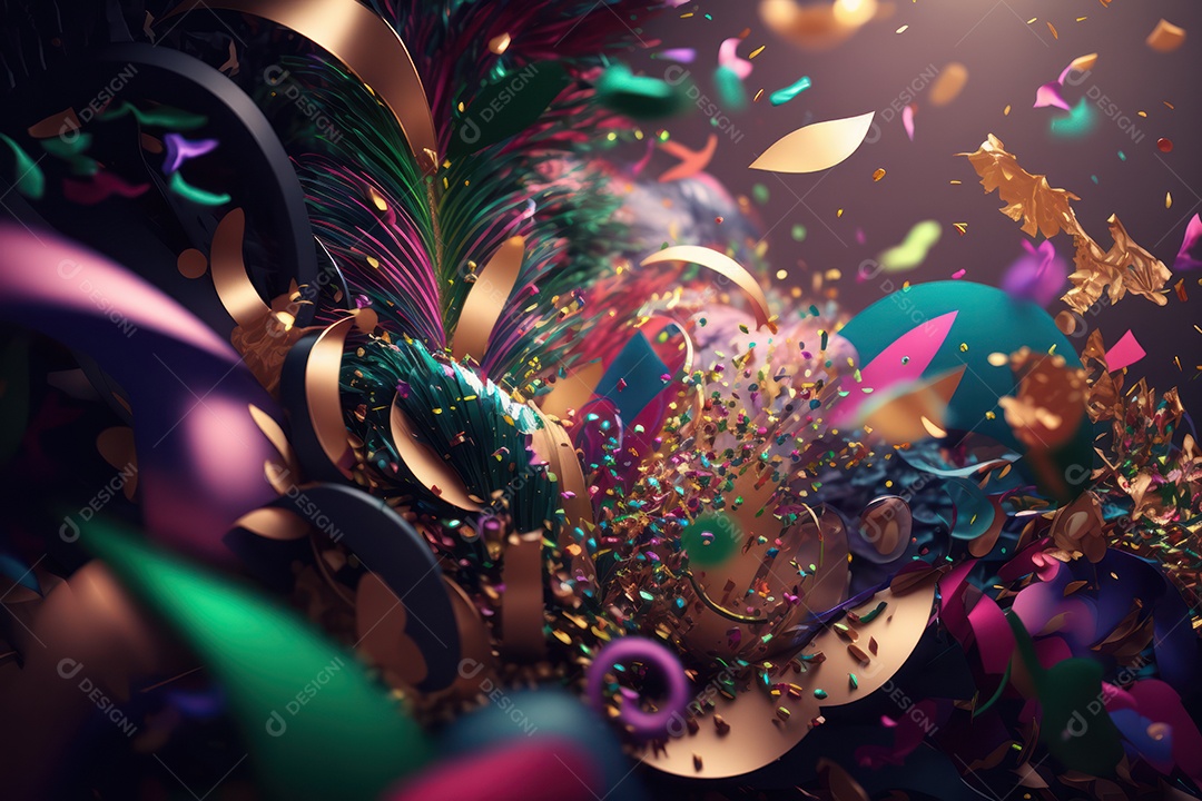 Máscara Mardi Gras em fundo preto com purpurina, folha de ouro, confete, flâmulas, luzes bokeh e penas brilhantes