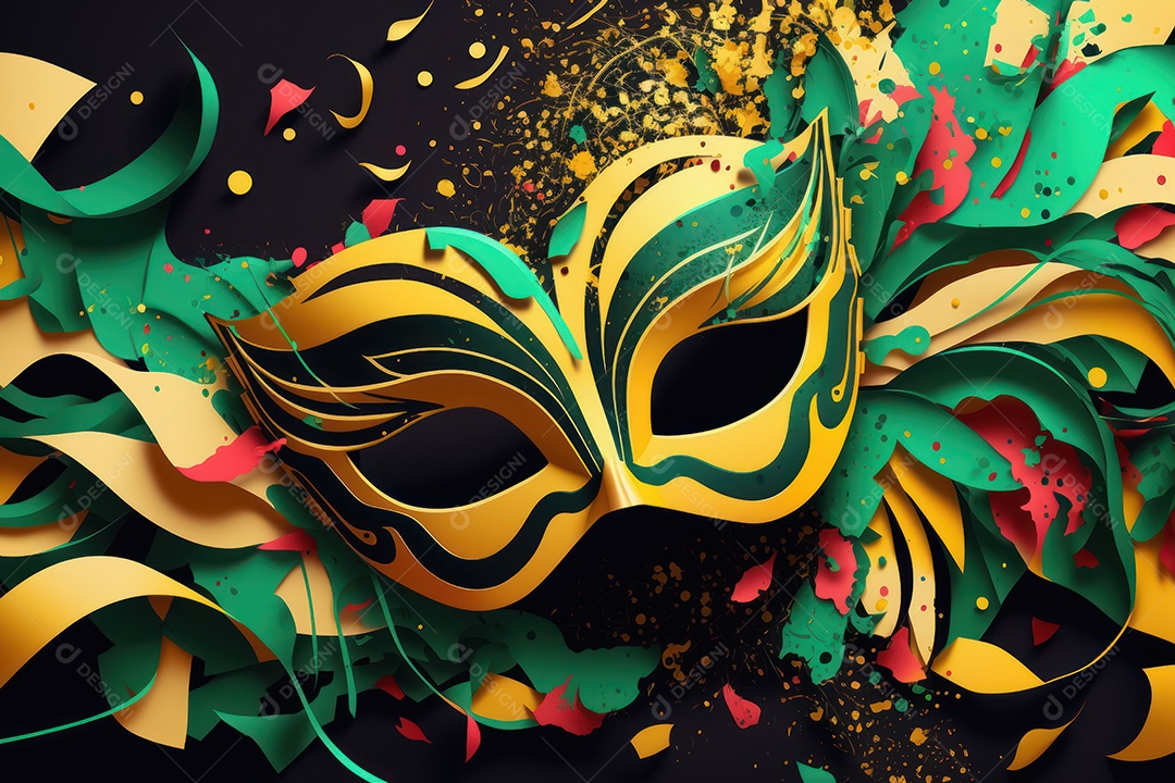 Máscara Mardi Gras em fundo preto com purpurina, folha de ouro, confete, flâmulas, luzes bokeh e penas brilhantes