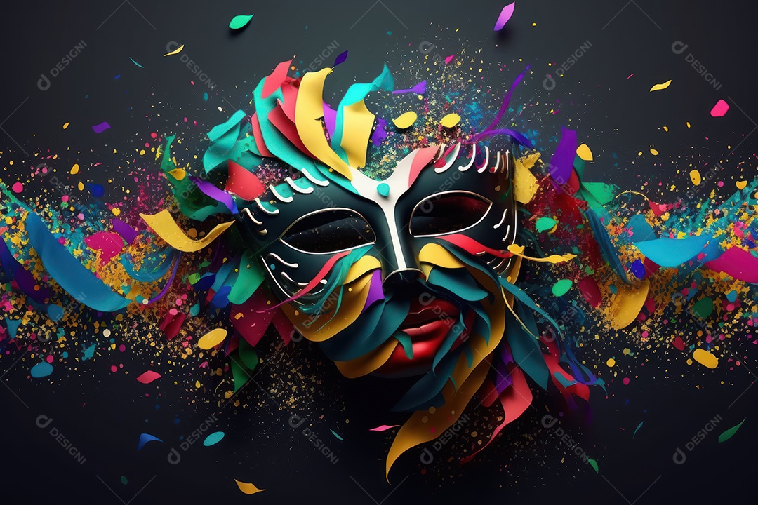 Máscara Mardi Gras em fundo preto com purpurina, folha de ouro, confete, flâmulas, luzes bokeh e penas brilhantes