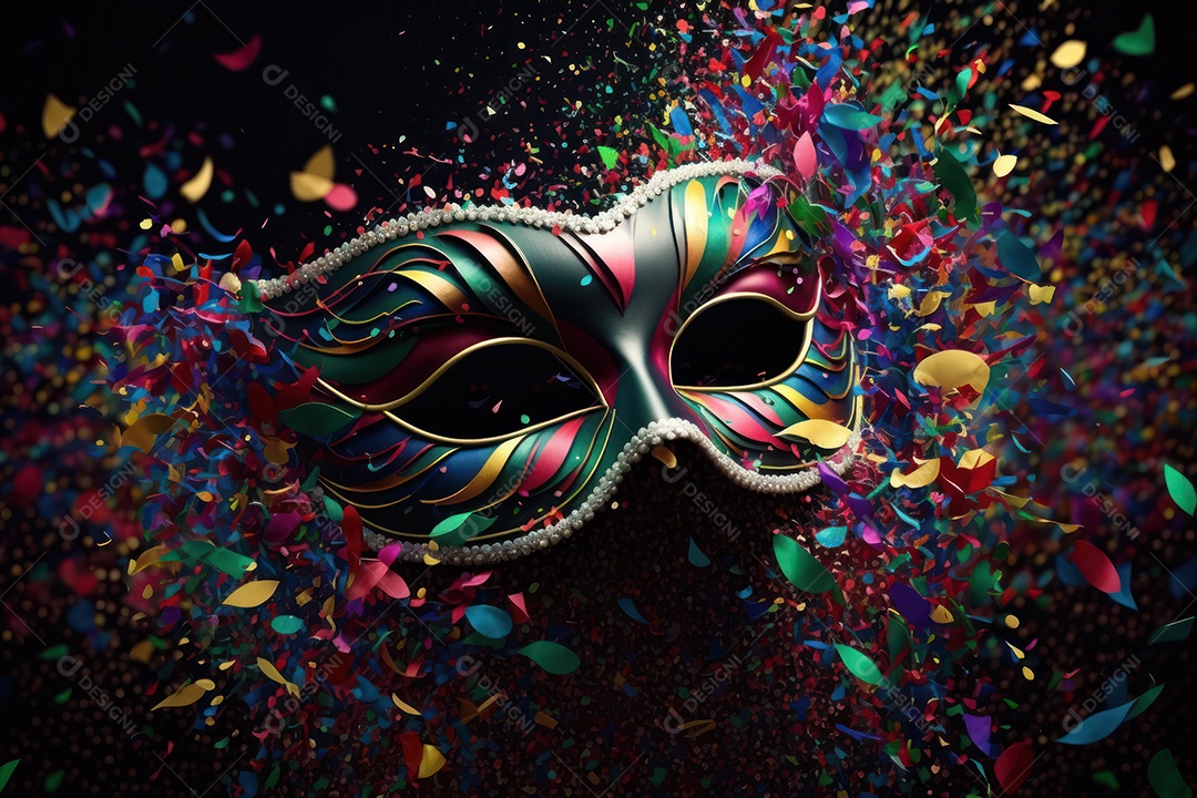 Máscara Mardi Gras em fundo preto com purpurina, folha de ouro, confete, flâmulas, luzes bokeh e penas brilhantes