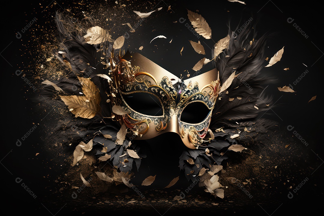 Máscara Mardi Gras em fundo preto com purpurina, folha de ouro, confete, flâmulas, luzes bokeh e penas brilhantes