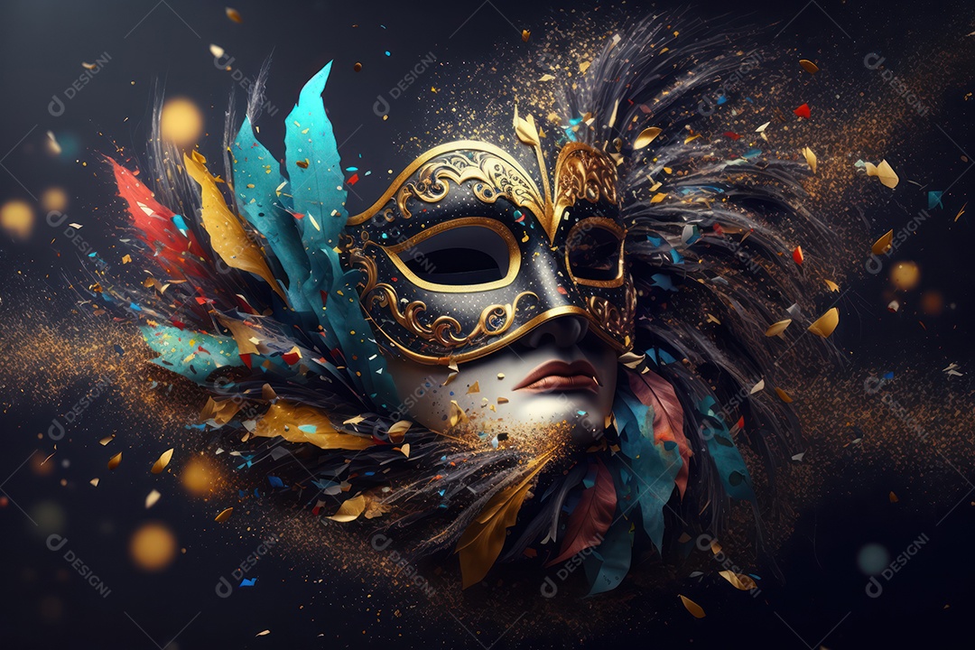 Máscara Mardi Gras em fundo preto com purpurina, folha de ouro, confete, flâmulas, luzes bokeh e penas brilhantes
