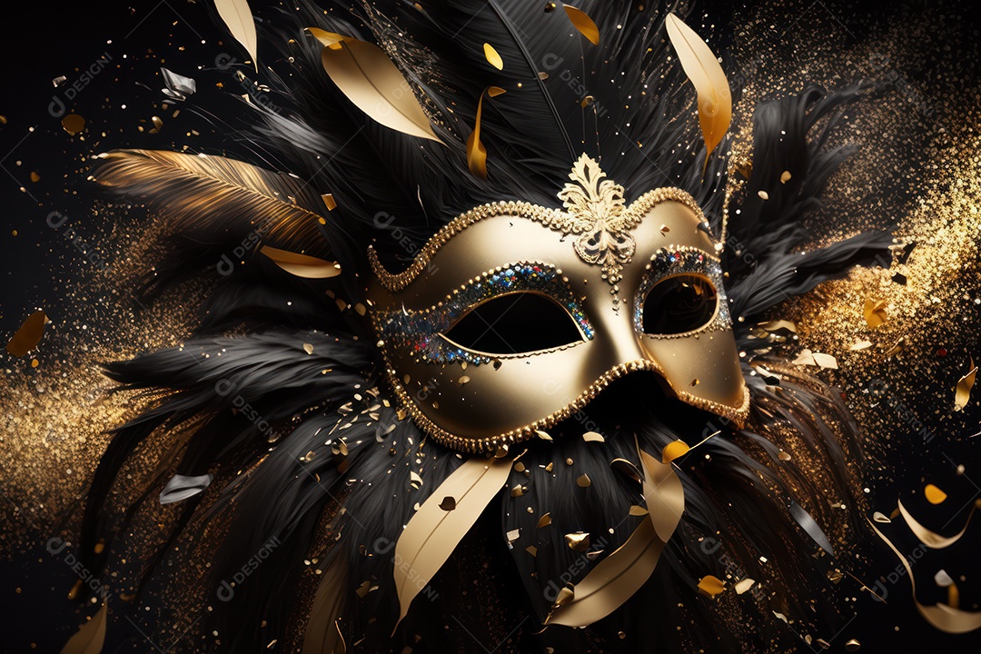 Máscara Mardi Gras em fundo preto com purpurina, folha de ouro, confete, flâmulas, luzes bokeh e penas brilhantes