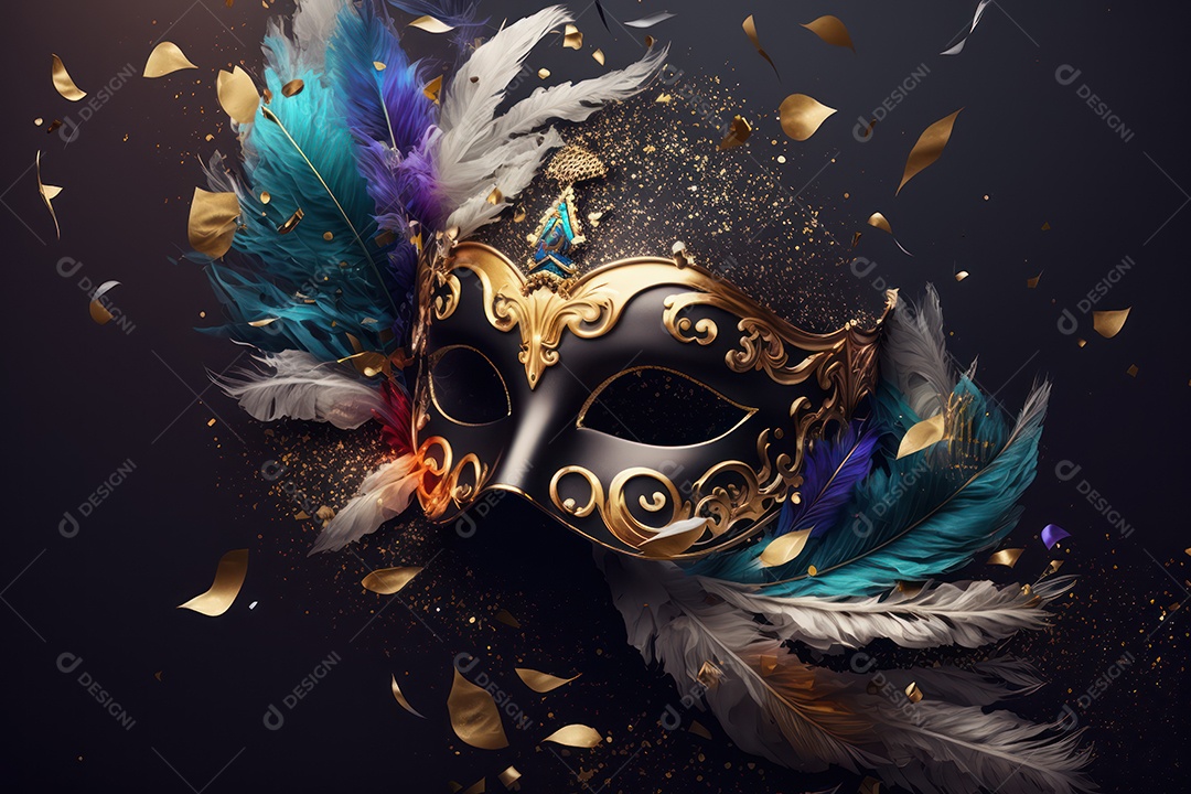 Máscara Mardi Gras em fundo preto com purpurina, folha de ouro, confete, flâmulas, luzes bokeh e penas brilhantes