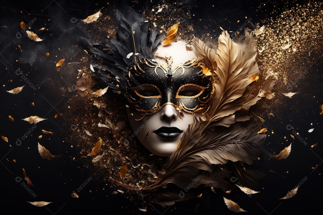 Máscara Mardi Gras em fundo preto com purpurina, folha de ouro, confete, flâmulas, luzes bokeh e penas brilhantes