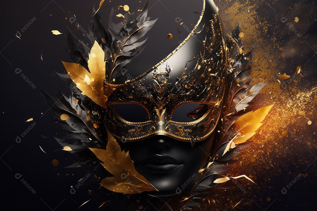 Máscara Mardi Gras em fundo preto com purpurina, folha de ouro, confete, flâmulas, luzes bokeh e penas brilhantes
