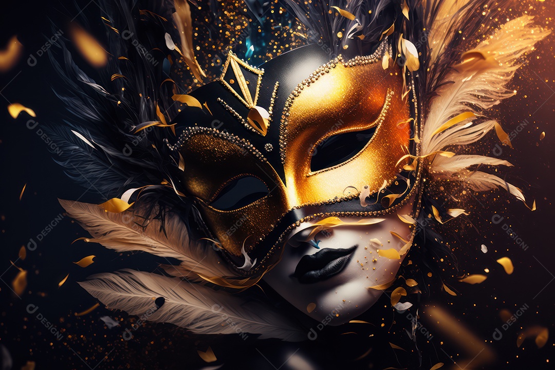 Máscara Mardi Gras em fundo preto com purpurina, folha de ouro, confete, flâmulas, luzes bokeh e penas brilhantes