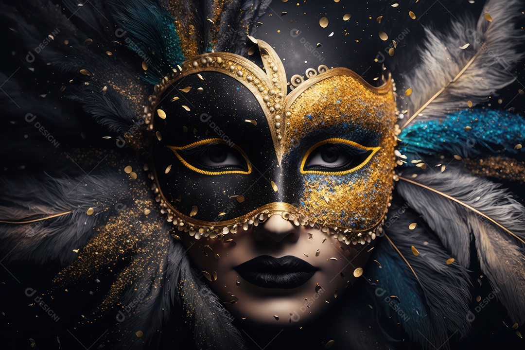Máscara Mardi Gras em fundo preto com purpurina, folha de ouro, confete, flâmulas, luzes bokeh e penas brilhantes