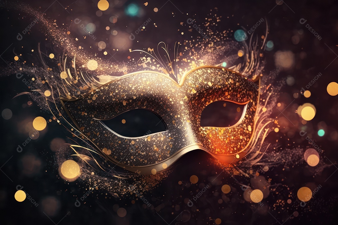 Máscara Mardi Gras em fundo preto com purpurina, folha de ouro, confete, flâmulas, luzes bokeh e penas brilhantes