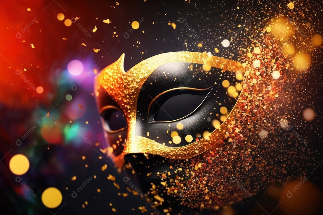 Máscara Mardi Gras em fundo preto com purpurina, folha de ouro, confete, flâmulas, luzes bokeh e penas brilhantes
