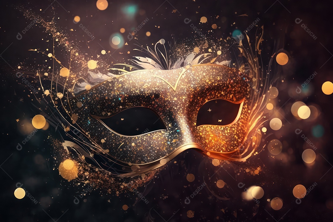 Máscara Mardi Gras em fundo preto com purpurina, folha de ouro, confete, flâmulas, luzes bokeh e penas brilhantes