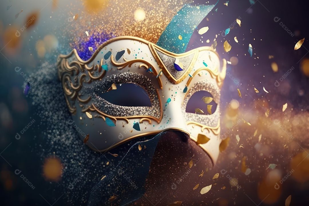 Máscara Mardi Gras em fundo preto com purpurina, folha de ouro, confete, flâmulas, luzes bokeh e penas brilhantes