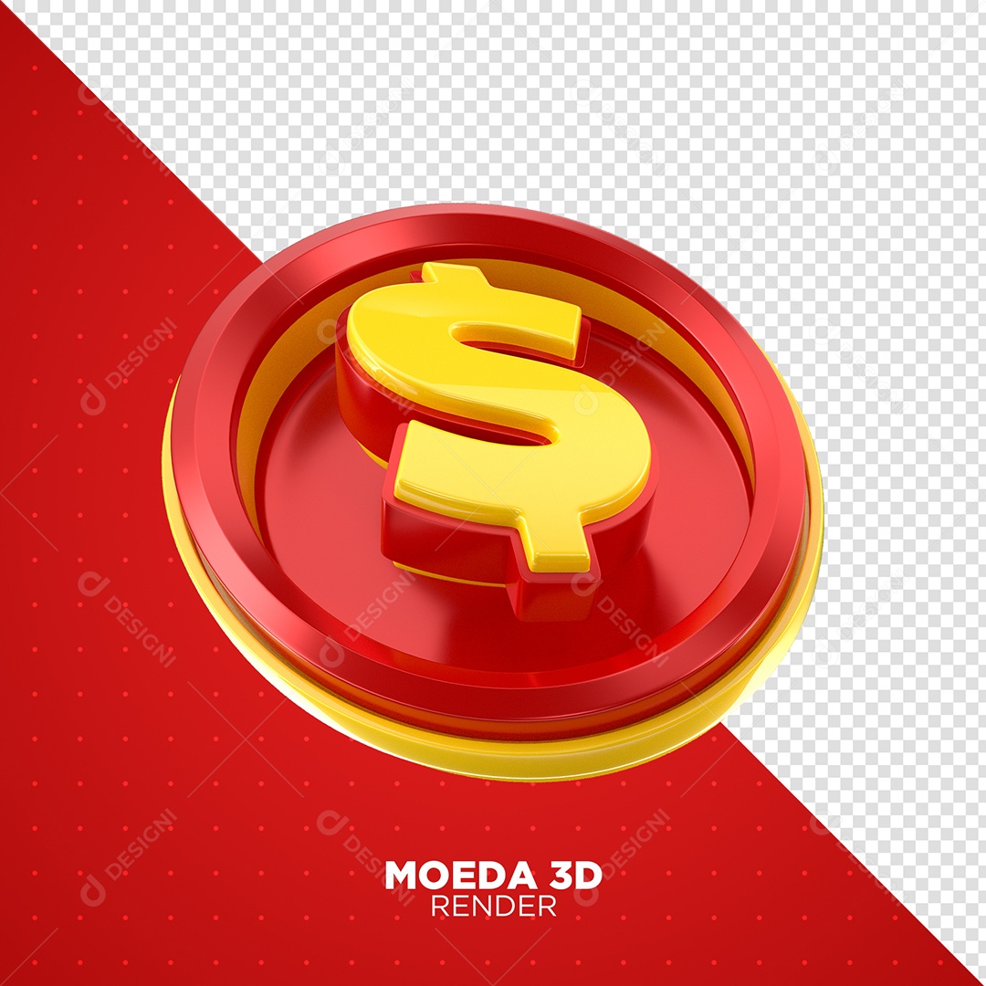 Moeda 3D Dourado e Vermelho Elemento para Composição PSD