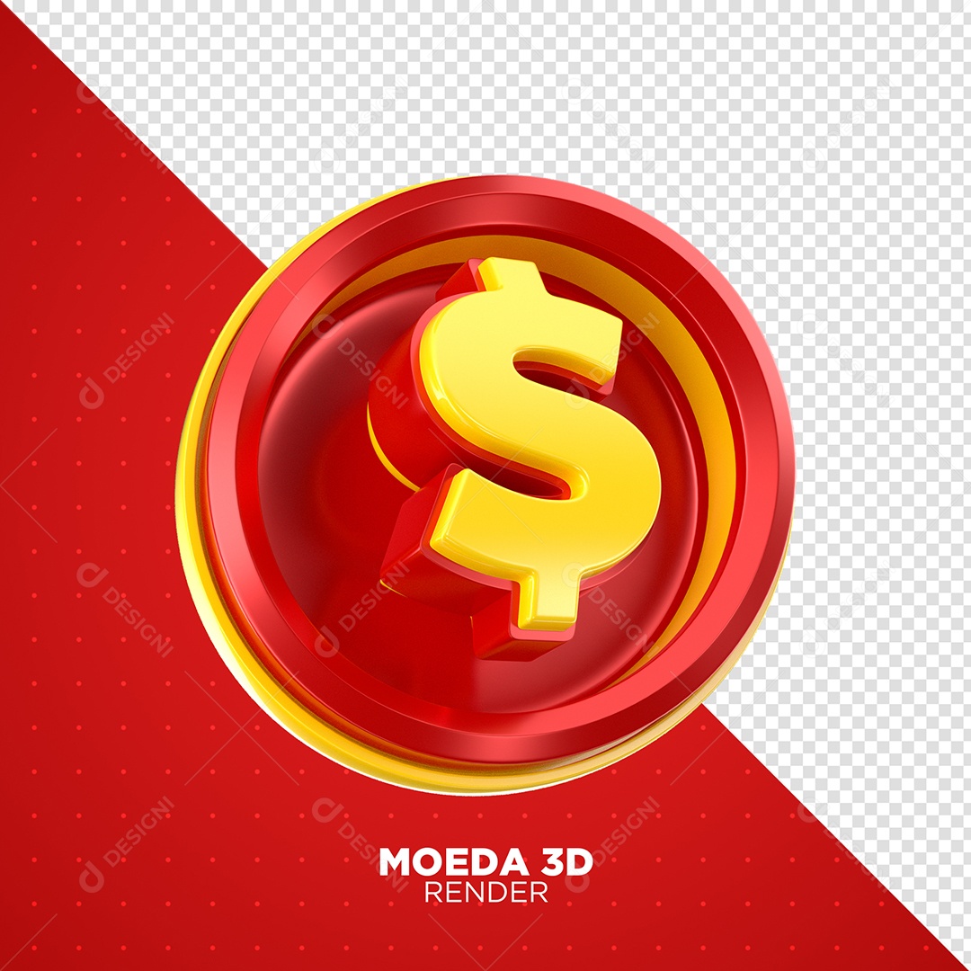 Moeda 3D Dourado e Vermelho Elemento para Composição PSD