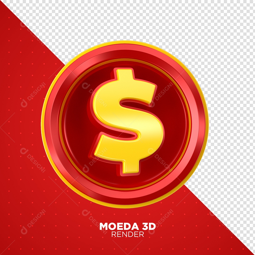 Moeda 3D Dourado e Vermelho Elemento para Composição PSD