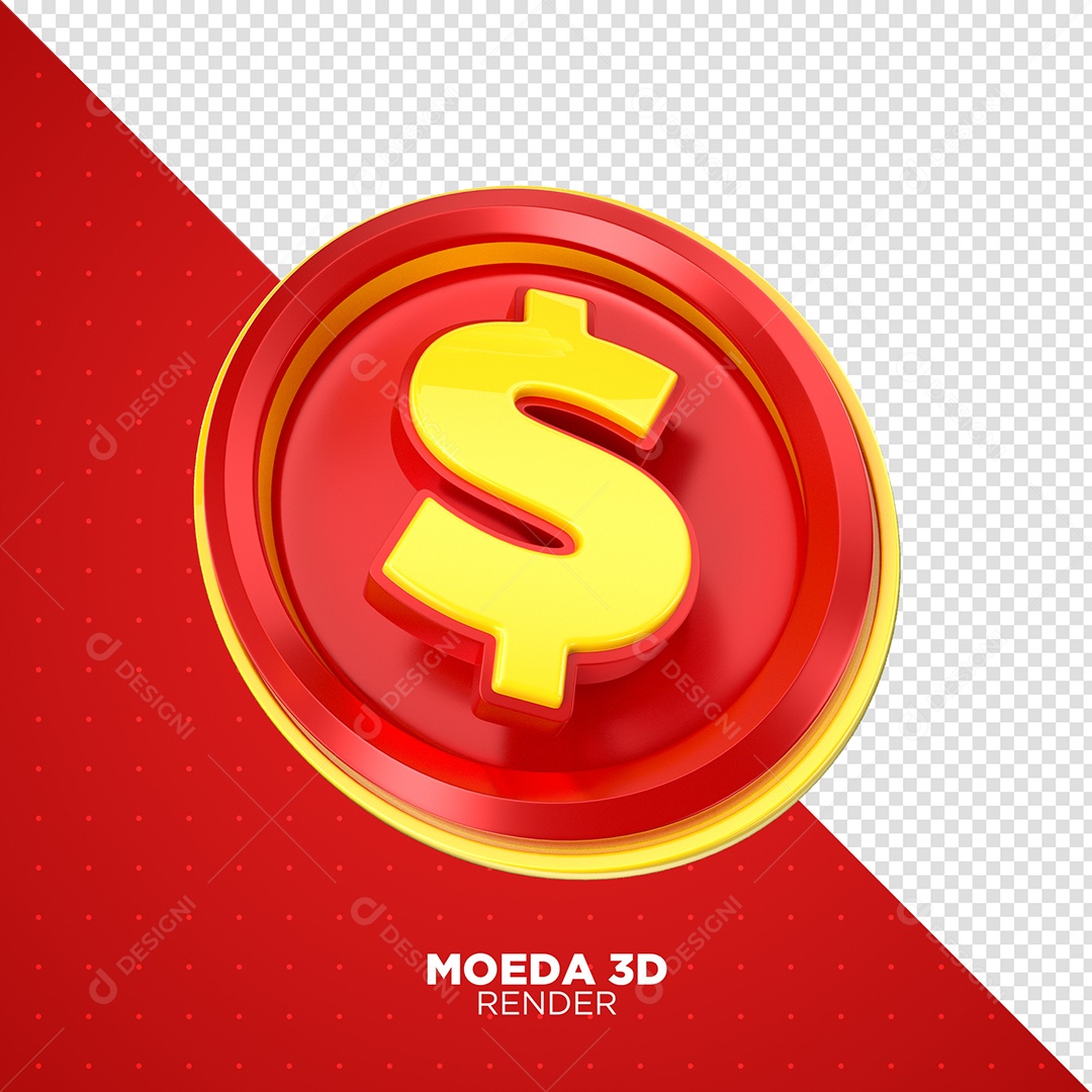 Moeda 3D Dourado e Vermelho Elemento para Composição PSD