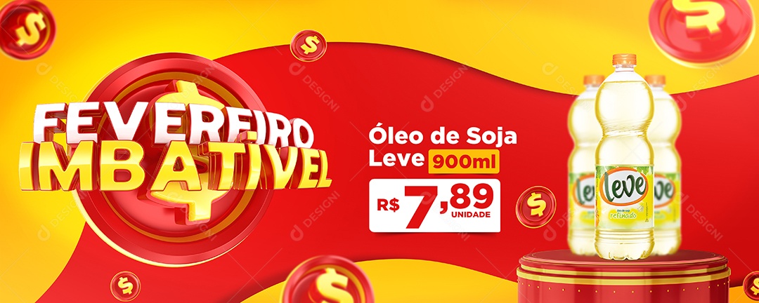 Banner Fevereiro Imbatível Óleo de Soja Leve 900ml 7,89 Supermercado Social Media PSD Editável