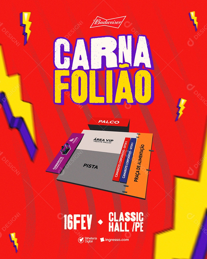 Carna Folião Classic Hall Flyer Carnaval Social Media PSD Editável