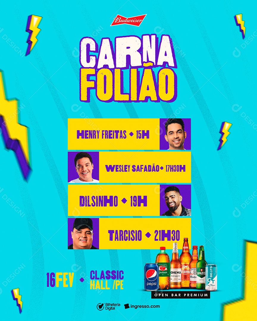 Carna Folião Henry Freitas Wesley Safadão Dilsinho Tarcísio do Acordeon Flyer Carnaval Social Media PSD Editável