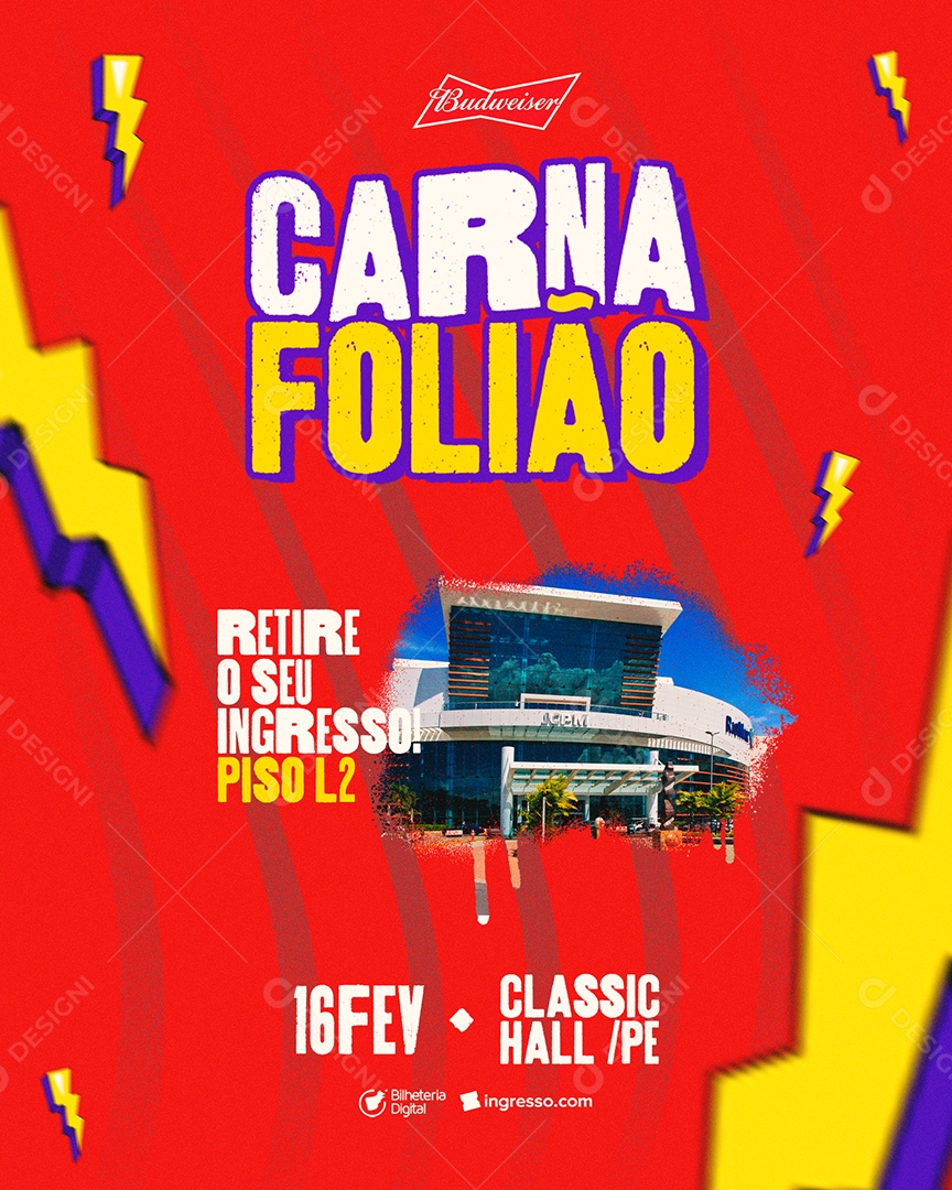 Carna Folião Retire seu Ingresso Flyer Carnaval Social Media PSD Editável