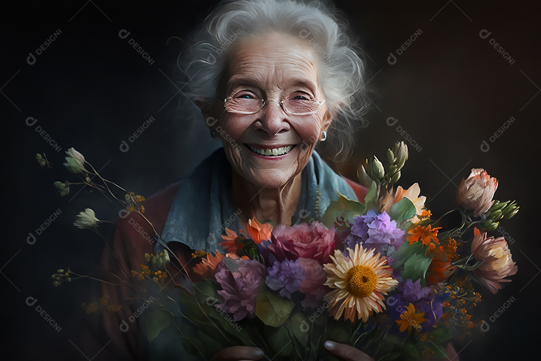 Ilustração de uma senhora sorrindo com flores coloridas