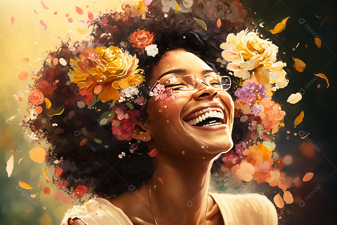 Ilustração de mulher negra sorrindo com flores no cabelo