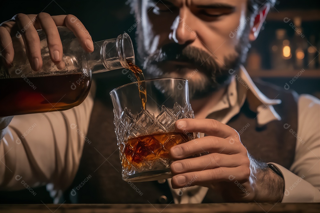 Ilustração homem de época tomando whiskey