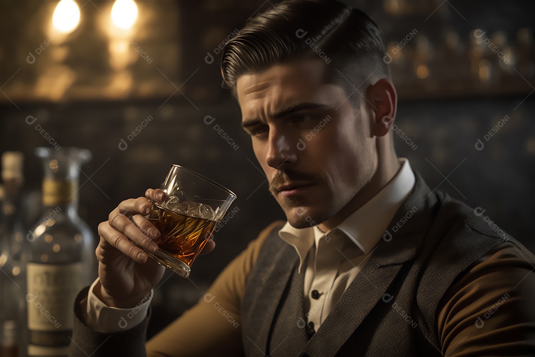 Ilustração homem de época tomando whiskey